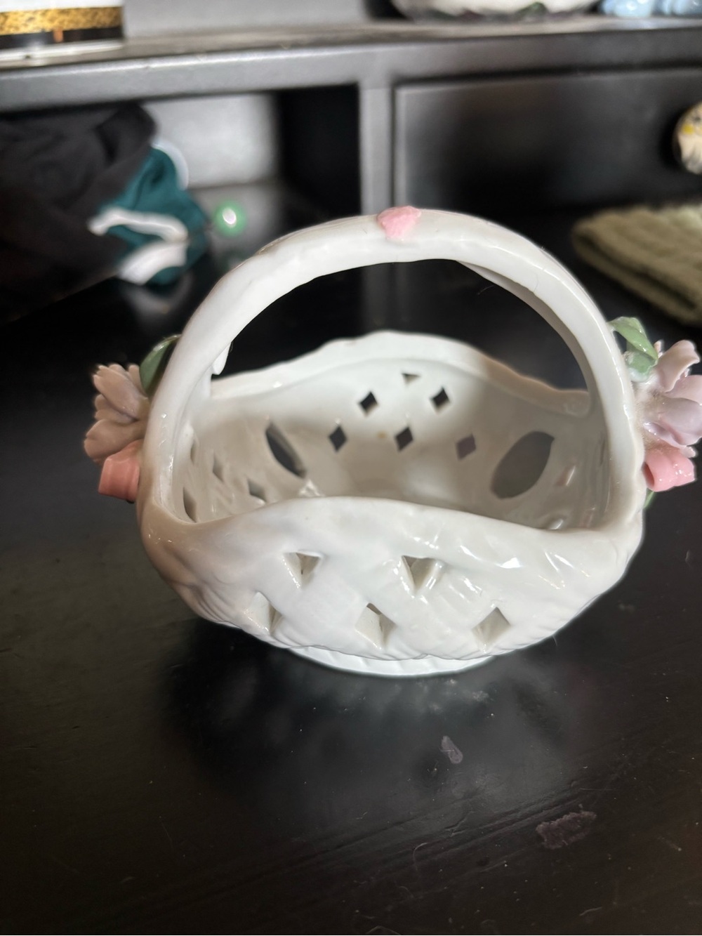 White Porcelain Basket with Pink Floral Accents